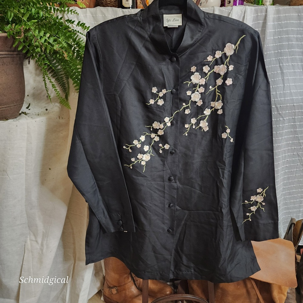 Yi Lin Black 100% Silk Embroidered Cherry Blossom Blouse Top Mandarin Collar M